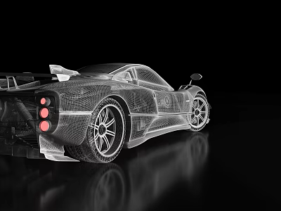 3D Wireframe Sports Car With Streamlined Body Red Tail Lights On Black Background 3d model