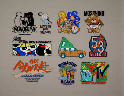 Vibrant Cartoon Themed Wall Decor Featuring Panda Car Beach Elements 3d model