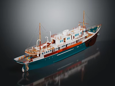 Teal and Brown Water Transport Ship With White Upper Structure Masts and Deck Features 3d model