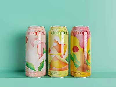 Drope Canned Drinks With Peach And Mango Flavors In Vibrant Packaging On Light Green Background 3d model
