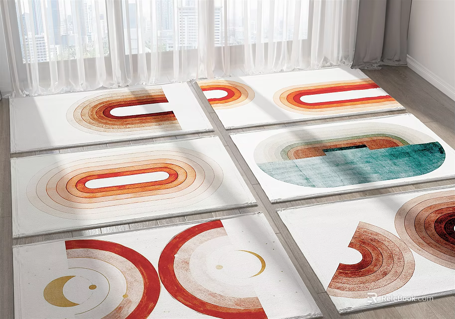 Modern Square Rugs Featuring Colorful Circular Geometric Patterns in Red Orange Green 3d model 