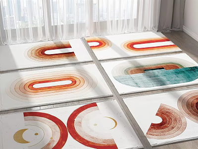 Modern Square Rugs Featuring Colorful Circular Geometric Patterns in Red Orange Green 3d model