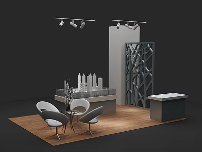 Commercial Exhibition Equipment With Display Counter Chairs Lighting Fixtures And Decorative Screen 3d model