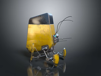 Yellow Industrial Mechanical Robot Design With Legged Structure Black Top And Antennae 3d model