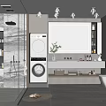 Modern Bathroom Interior With Washing Machine Shower Area Large Mirror Vanity And Storage Cabinets