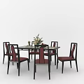 Modern Dining Table Set With Rectangular Table Pink Cushioned Chairs And Flower Vase 3d model