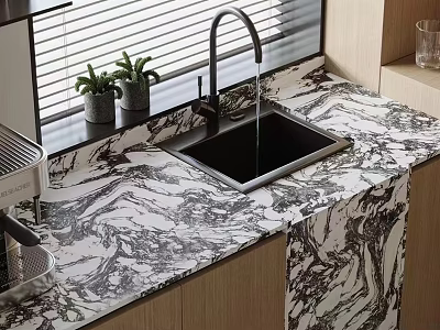 Modern Kitchen Interior With Wooden Cabinets Marble Countertop Sink And Plants On Windowsill 3d model