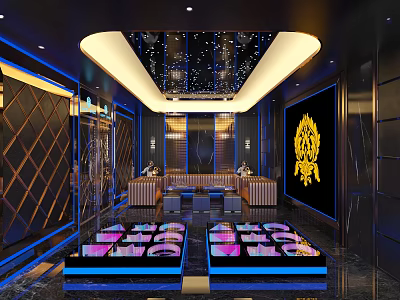 Elegant KTV Room Featuring Black Blue Lighting Starry Ceiling Golden Pattern Decor And Illuminated Tables 3d model