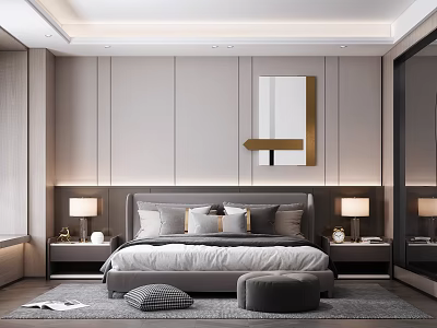 Modern Bedroom Interior Design With Gray Bed Pillows Bedside Lamps Wall Mirror And Gold Accent 3d model