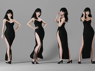 Women in Black High Slit Long Dresses Posing in Different Styles Against Gray Background 3d model