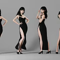 Women in Black High Slit Long Dresses Posing in Different Styles Against Gray Background