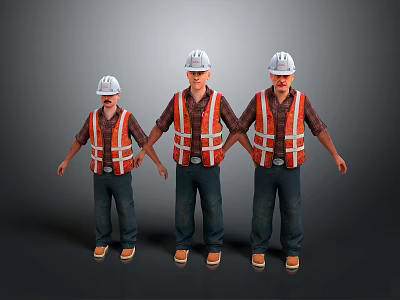Three Men Wearing Safety Helmets And Reflective Vests Standing In A Row 3d model