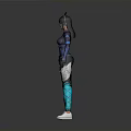Woman In Blue Black Futuristic Athletic Outfit With Ponytail Gloves And White Shoes