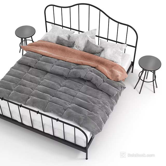 Double Bed with Black Metal Frame Gray Quilt Brown Blanket and Round Side Stools 3d model 