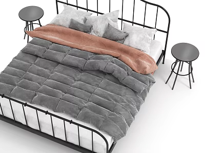 Double Bed with Black Metal Frame Gray Quilt Brown Blanket and Round Side Stools 3d model