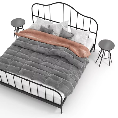 Double Bed with Black Metal Frame Gray Quilt Brown Blanket and Round Side Stools 3d model