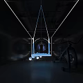 Modern Time Space Art Gallery With Stone Walls Circular Neon Ceiling And Curved Installation