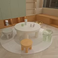Playroom with Green Cabinets Open Shelves Round White Table Stuffed Toy Transparent Chairs and Rug