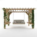 Wooden Pergola Play Equipment With Hanging Swing Side Benches And Green Vines
