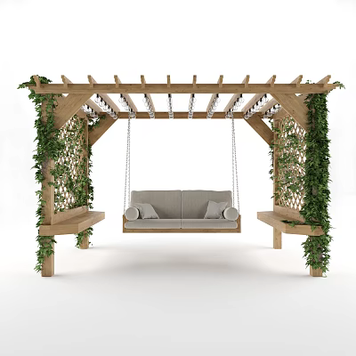 Wooden Pergola Play Equipment With Hanging Swing Side Benches And Green Vines 3d model