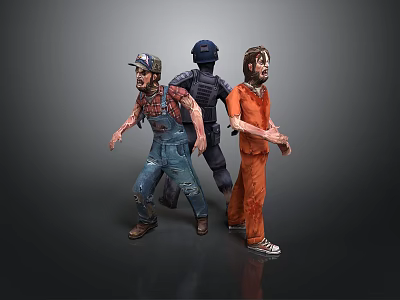 Three Character Models Featuring Prisoner In Orange Jumpsuit Riot Gear Officer And Farmer In Overalls 3d model