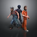 Three Character Models Featuring Prisoner In Orange Jumpsuit Riot Gear Officer And Farmer In Overalls