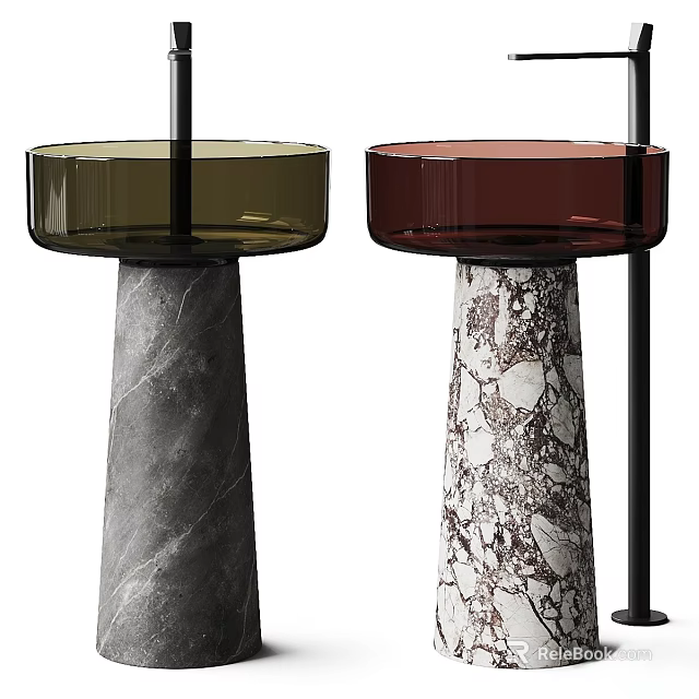 Modern Washbasins With Textured Marble Bases And Green Red Glass Countertops 3d model 