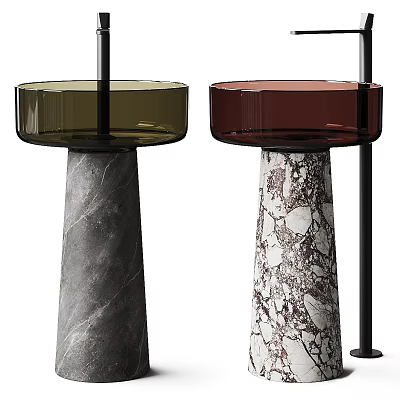 Modern Washbasins With Textured Marble Bases And Green Red Glass Countertops 3d model