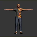 A Man With Arms Outstretched Wearing Flame Patterned T Shirt Blue Jeans And Slippers