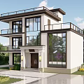 Modern Style Detached Villa Exterior With Large Glass Windows Balconies And Greenery