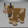 Pixelated Character Cow 3D Model With Brown And White Spots Horns Minecraft Style