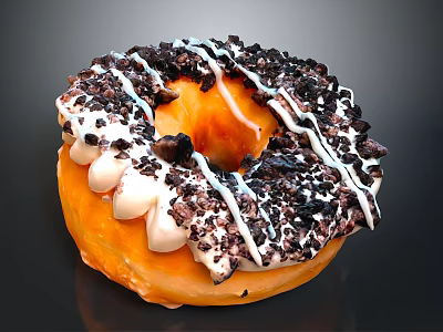 Fresh Glazed Orange Donut With White Drizzle And Black Chocolate Crumbs 3d model