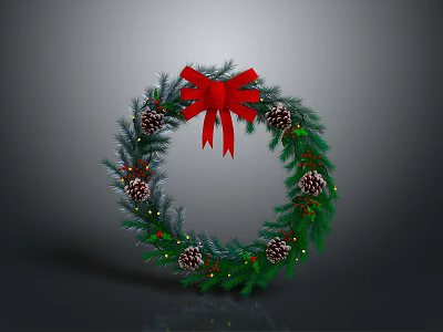 Christmas Wreath Holiday Decoration With Red Bow Pine Cones Green Foliage And Lights 3d model