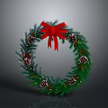 Christmas Wreath Holiday Decoration With Red Bow Pine Cones Green Foliage And Lights