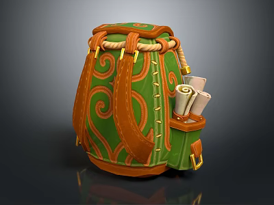 Green And Orange Backpack With Decorative Spiral Patterns And Scrolls In Side Pocket 3d model