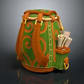 Green And Orange Backpack With Decorative Spiral Patterns And Scrolls In Side Pocket