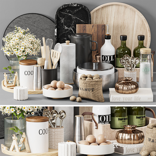 Modern Kitchenware Display With Jars Flowers Eggs Utensils And Oil Bottles 3d model 