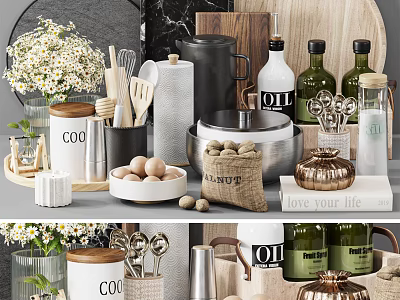 Modern Kitchenware Display With Jars Flowers Eggs Utensils And Oil Bottles 3d model
