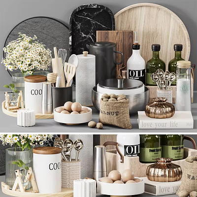 Modern Kitchenware Display With Jars Flowers Eggs Utensils And Oil Bottles 3d model
