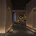 Japanese Style Restaurant Interior With Red Maple Tree Wooden Wall And Courtyard Lighting
