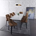Elegant Marble Top Rectangular Dining Table Set With Brown Upholstered Chairs And Black Legs 3d model