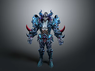 3D Fantasy Character With Blue Purple Armor Red Horns And Spiked Details 3d model