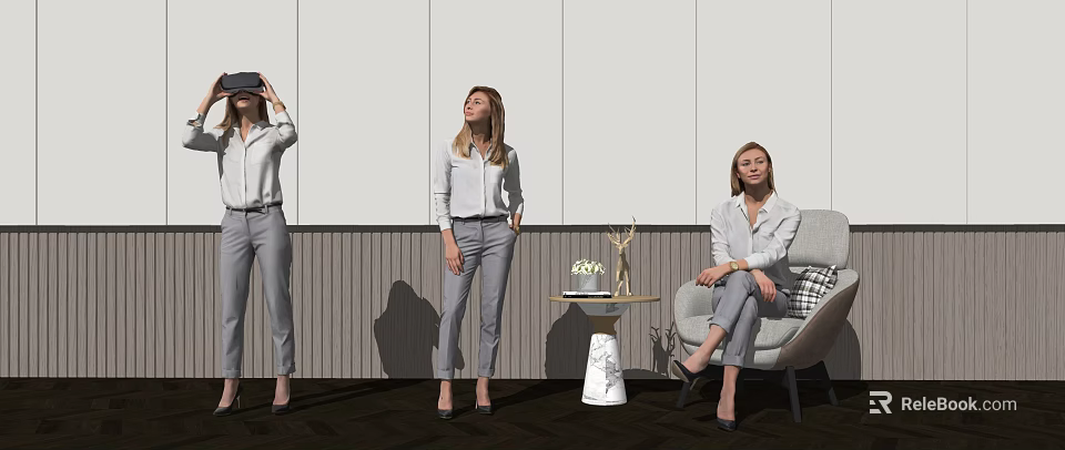 Women Using VR Headset in Modern Space Standing and Sitting with Trophy Table 3d model 