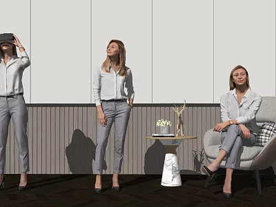 Women Using VR Headset in Modern Space Standing and Sitting with Trophy Table 3d model