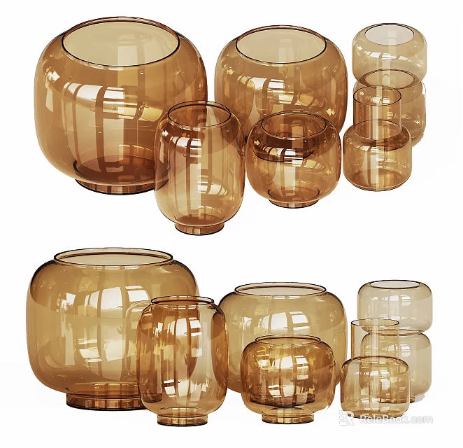 Collection Of Amber Glass Vases In Various Sizes And Shapes For Home Decor 3d model 