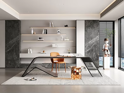 Study Room Interior Design With Floating Shelves Wooden Desk And Marble Walls 3d model