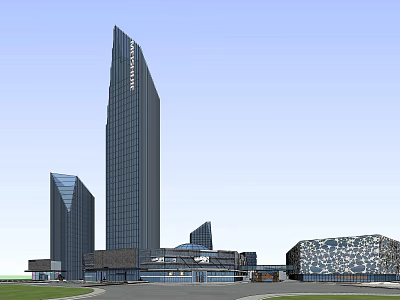 Modern Office Building Complex With Tall Skyscraper And Glass Facade Design 3d model