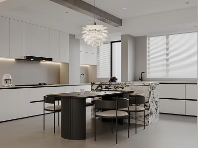 Modern Restaurant Dining Area With Open Layout White Cabinets Island Table Chairs And Chandelier 3d model