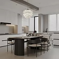 Modern Restaurant Dining Area With Open Layout White Cabinets Island Table Chairs And Chandelier