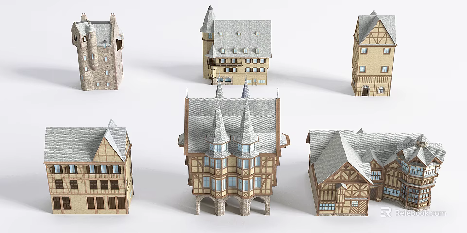 European Architecture Models Featuring Traditional Timber Frames And Pointed Roofs 3d model